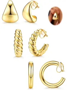 3 Pairs Gold Clip on Earrings for Women Hypoallergenic - 14K Gold Plated Chunky Tube Croissant Waterdrop Clip-on Hoop Earings Set Fake Non Pierced Ears Jewelry Trendy Gold/Silver