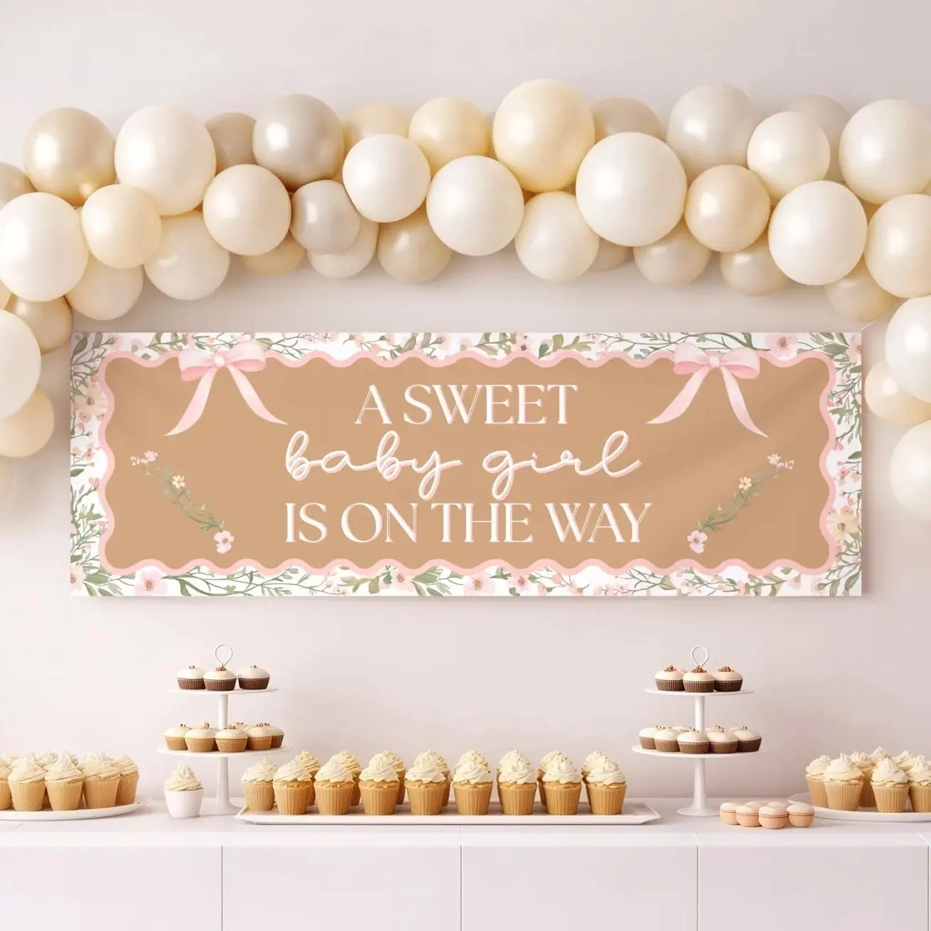 Baby Girl Banner Template | Floral Coquette Bow Backdrop