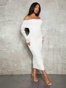 Spring And Summer Elegant White Long-Sleeved Off-Shoulder Pleated Mesh Bodycon Dress