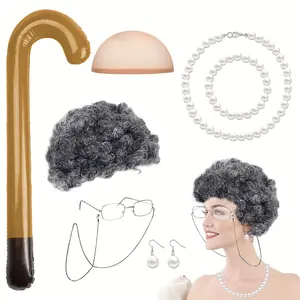 The new 2024 is a hot seller7Pcs Old Lady Cosplay Set, Grandmother Fancy Dress Costume With Granny Wig Inflatable Cane Fashion Glasses Chain Artificial Pearl Necklace Hairnet Bracelet Earrings For Halloween Dress Up Hen Party