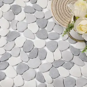 Pebble Tile for Shower Floor, Gray and White Oval, 5 Sheets, Pebble Backsplash for Kitchen Bathroom Wall and Floor Tile