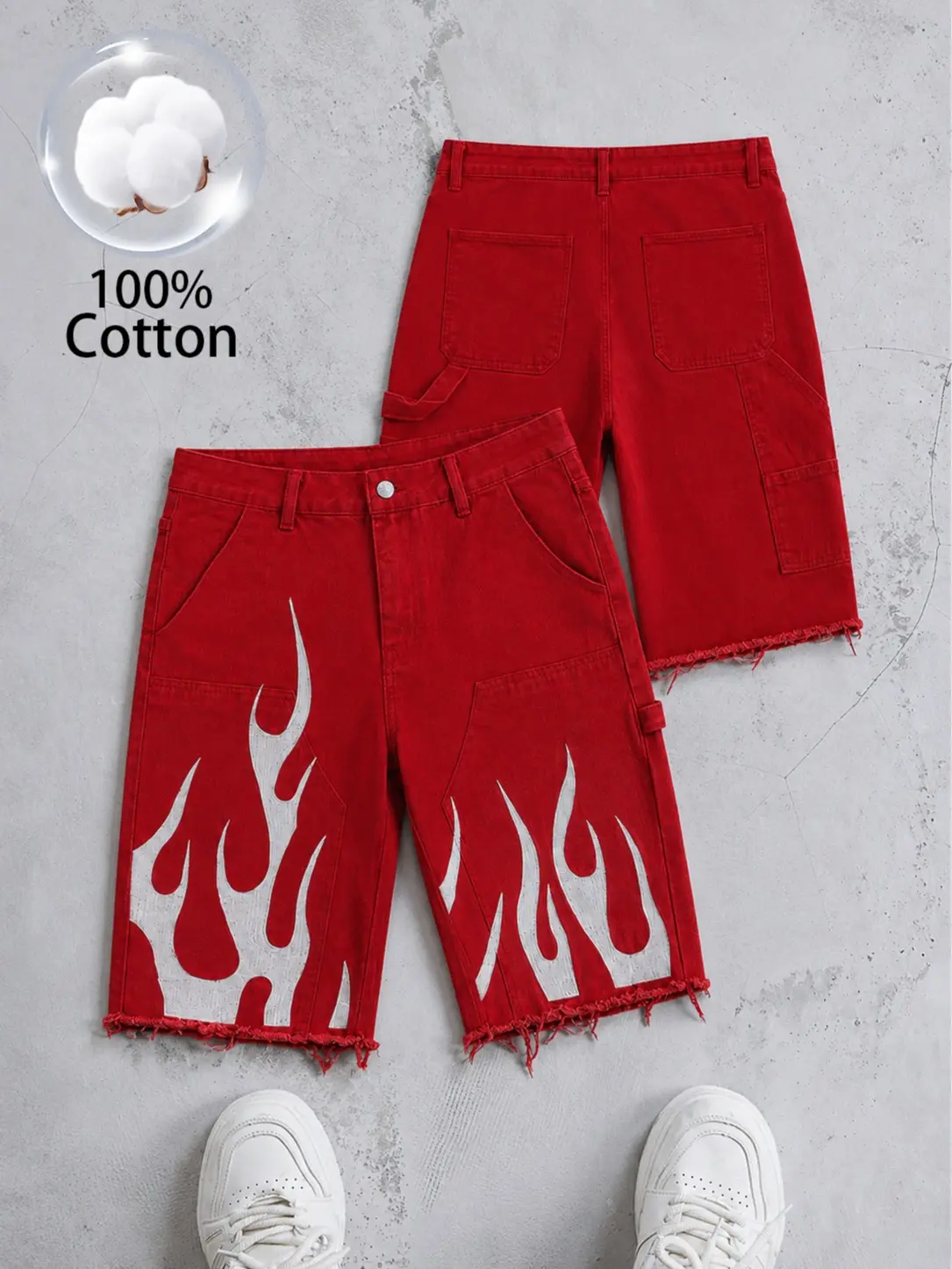 100% Cotton Flame Embroidered Denim Shorts Men Women Y2K Below Knee Cargo Jean Shorts Streetwear Raw Hem Long Shorts Straight Fit Summer Casual Hip Hop Skater Vintage Washed Workwear Shorts with Pockets Red Jorts TikTok US Fashion Trend Daily Style Outfit