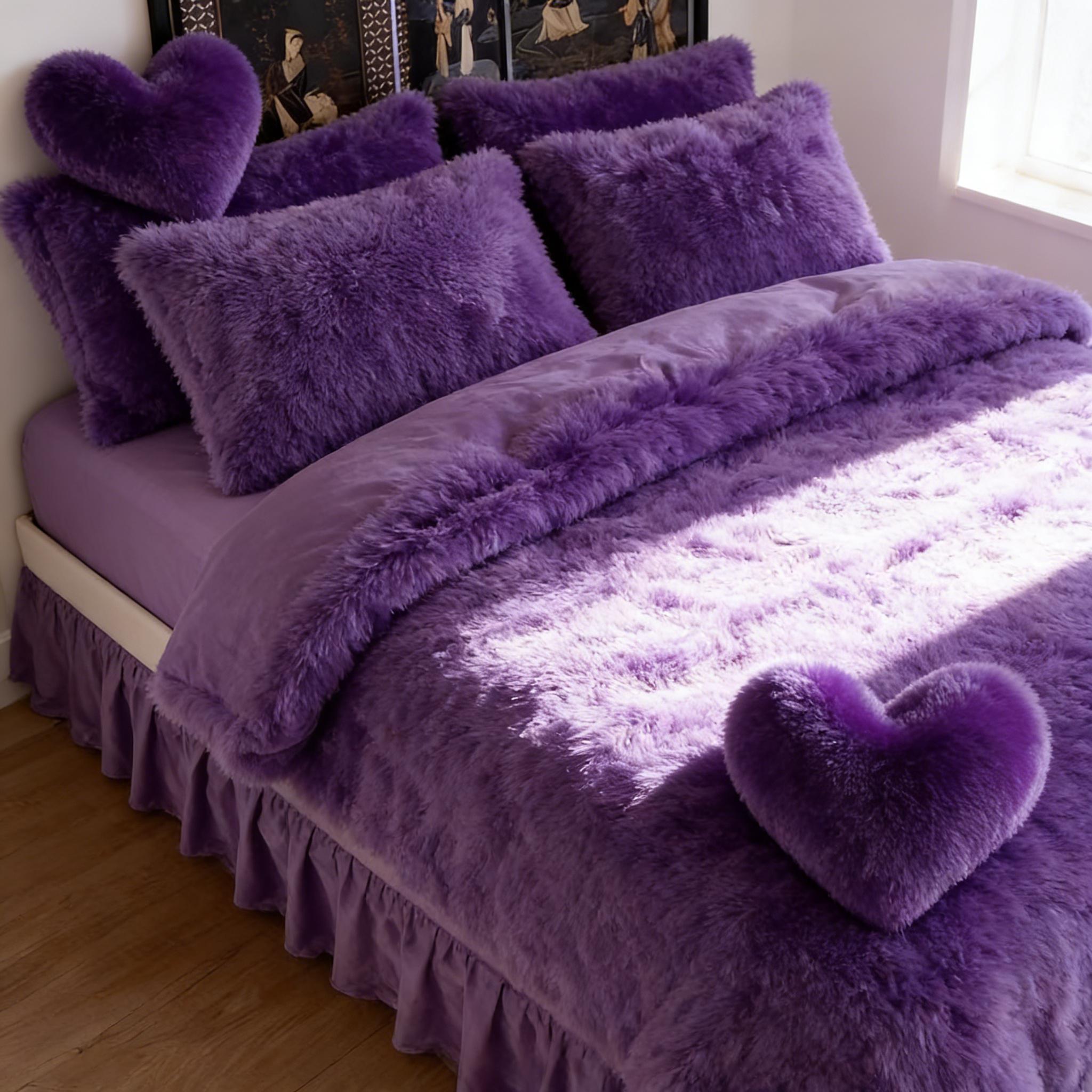 4 Piece Plush Duvet Cover Set Pink Queen Size （600 GSM）Soft Warm Bedding Set with 1 Fluffy Faux Duvet Cover+ 1 Heart Pillow + 2 Furry Pillow Shams