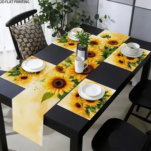 2D flat printing, 1 piece/4 pieces/6 pieces/8 pieces/5 pieces set/7 pieces set sunflower flower pattern table runway placemat set, suitable for seasonal restaurant decoration, kitchen accessories, holiday activities indoor and outdoor use
