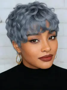 Short Grey Layered Pixie Wig with Bangs Curly Human Hair Bob Wig for Party and Daily Wear Short Pixie Cut Wigs