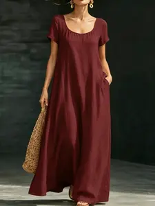 Summer Casual Solid Color Dress, Loose Fit A-Line Long Dress, Commute Vacation Beach Two-In-One, Beach Vacation Leisure Long Dress