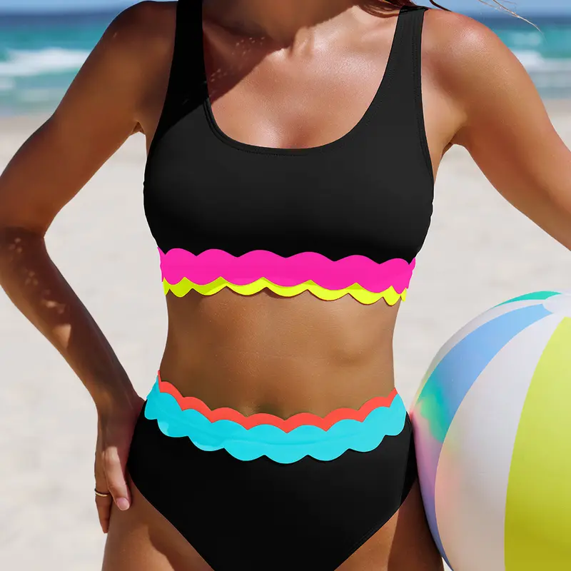 POPVIL Women’s Scallop Detail Bikini Sets - 2-Piece High-Waisted Colorblock Bikini Beachwear with Removable Pads, Ideal for Pool, Beach Parties