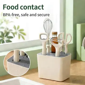 Stainless steel 6-piece set of kitchen tools, kitchen scissors, kitchen utensils with brackets, peeler, bottle opener, peeler - non slip handle, decorative base, white