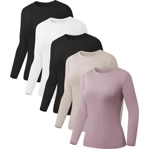 5 Pack Womens Basic Long Sleeve Shirts Crew Neck Slim-Fit Fitted T Shirts Tops Undershirts Underscrub Baselayer