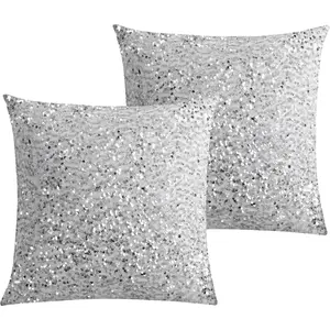 Set of 2  White Glitzy Sequin Throw Pillow Covers Sparkling Decorative Gilter Metallic Square Cushion Cover Glam Pillow Cases for Sofa Couch Bedroom  Party Decor (18 x 18 Inches)