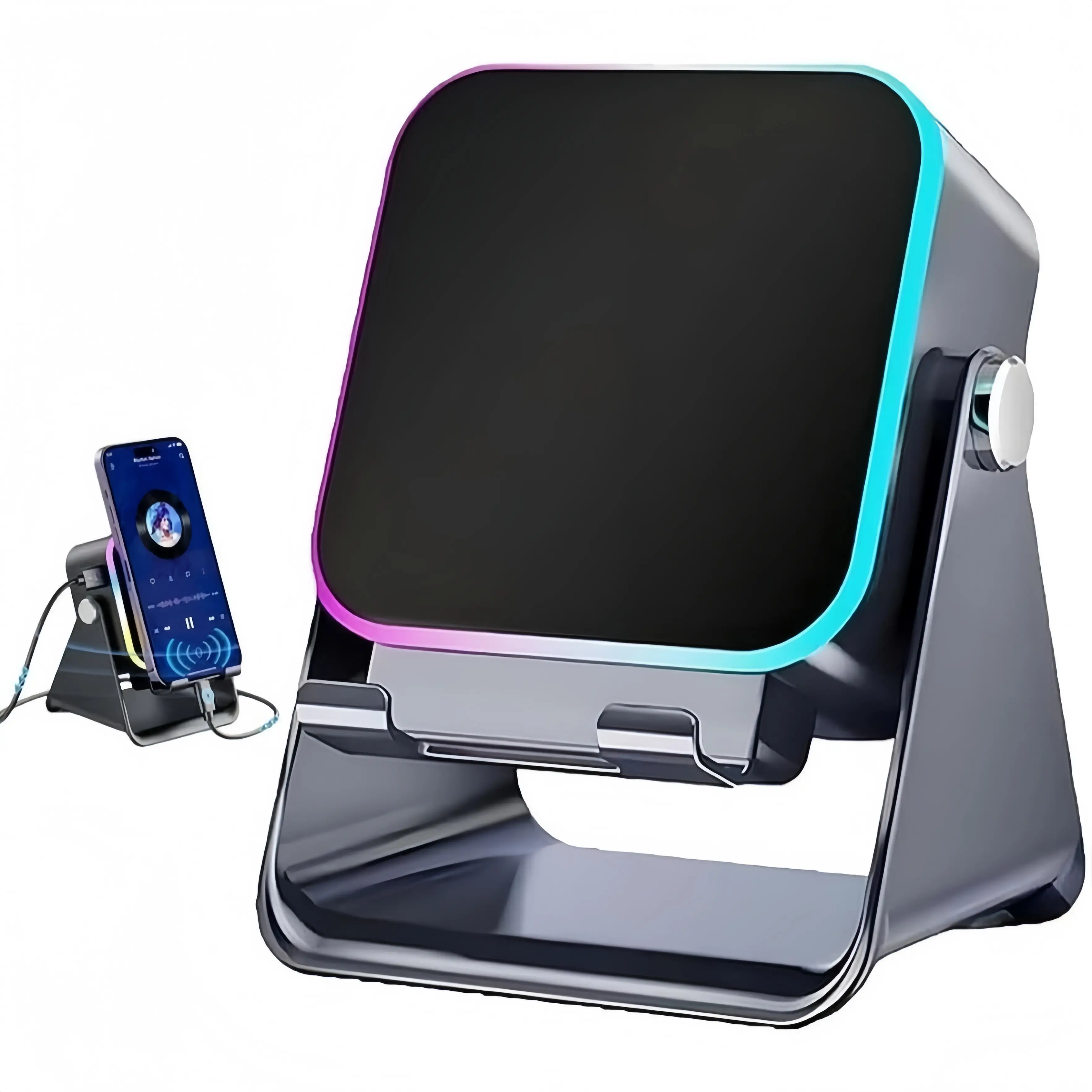 5-in-1 Phone Stand with Wireless Speaker & Smart Induction Audio, 360° Adjustable Desk Cell Phone Holder with 8 RGB Ambient Lights, Hi-Fi Stereo Sound, Unique Tech Gifts for Men Women