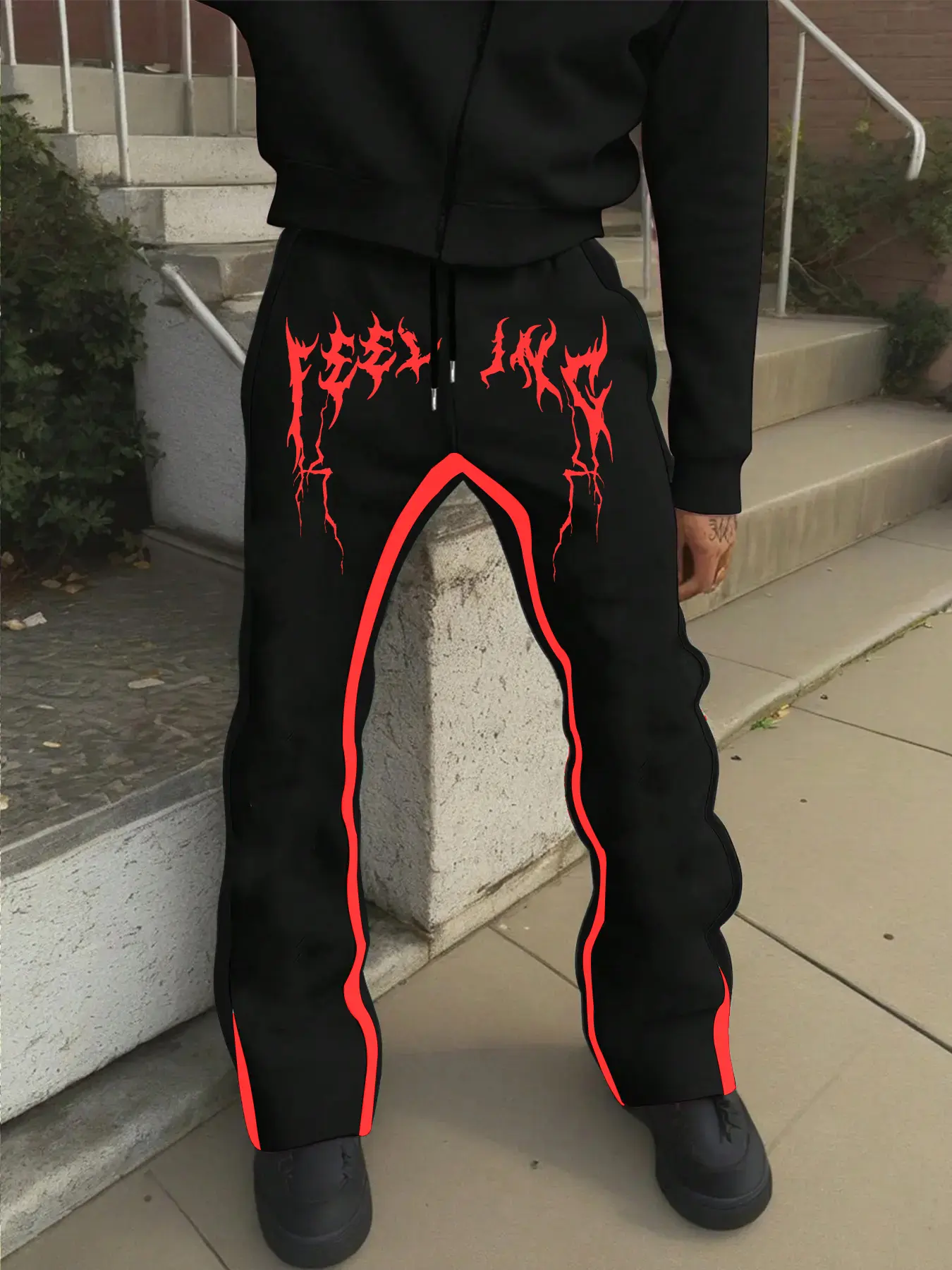 Unisex Street Lightning Graffiti Letter Print Casual Pants, Casual Streetwear Trousers, Side Stripe Drawstring Straight Leg Long Trousers for All Seasons