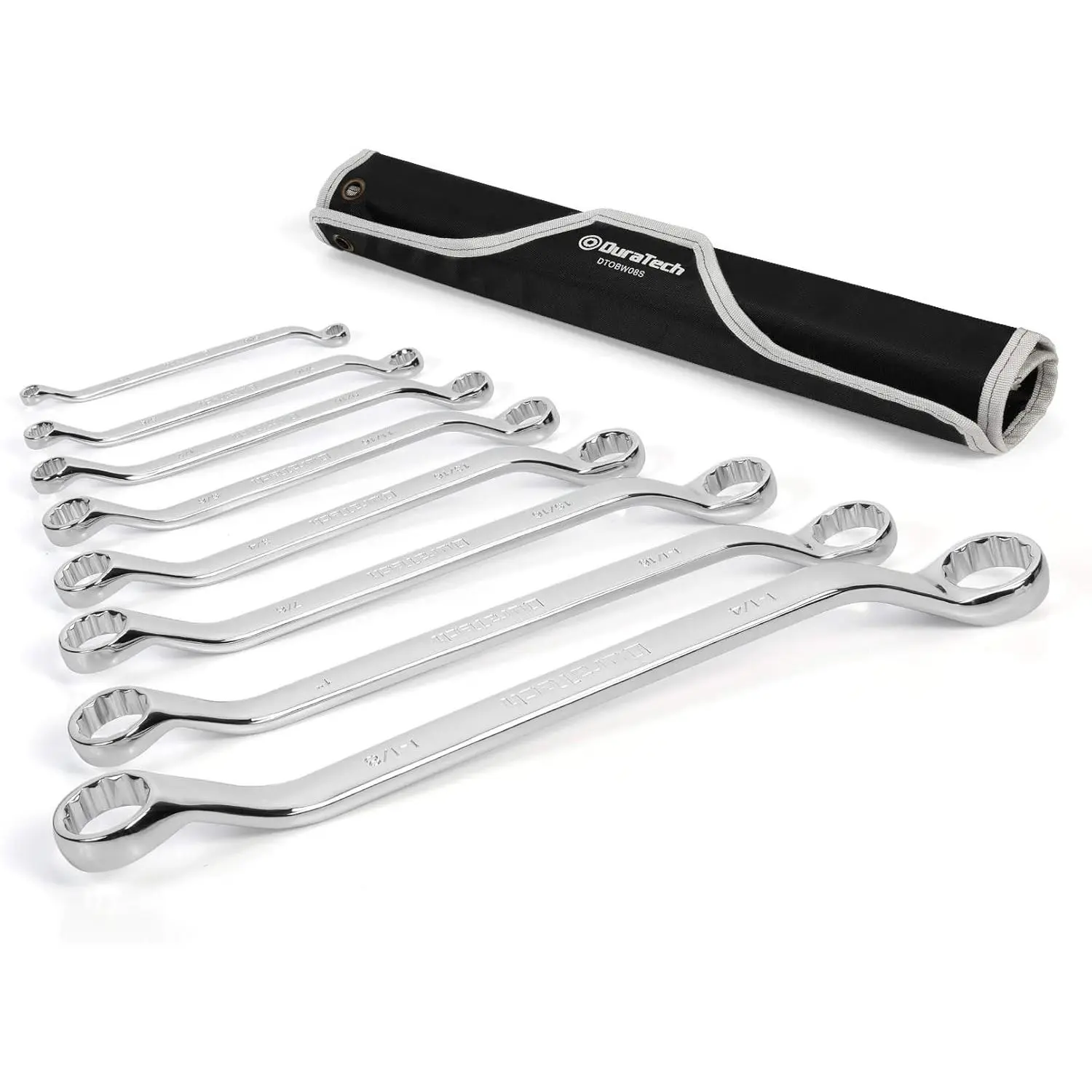 High Quality 50-Degree Offset SAE Double Box End Wrench Set, SAE Size, 8-Piece 1/4'' to 1-1/4'' 12-Point CR-V Steel Wrenches for Effortless Work, with Easy Hang Rolling Pouch