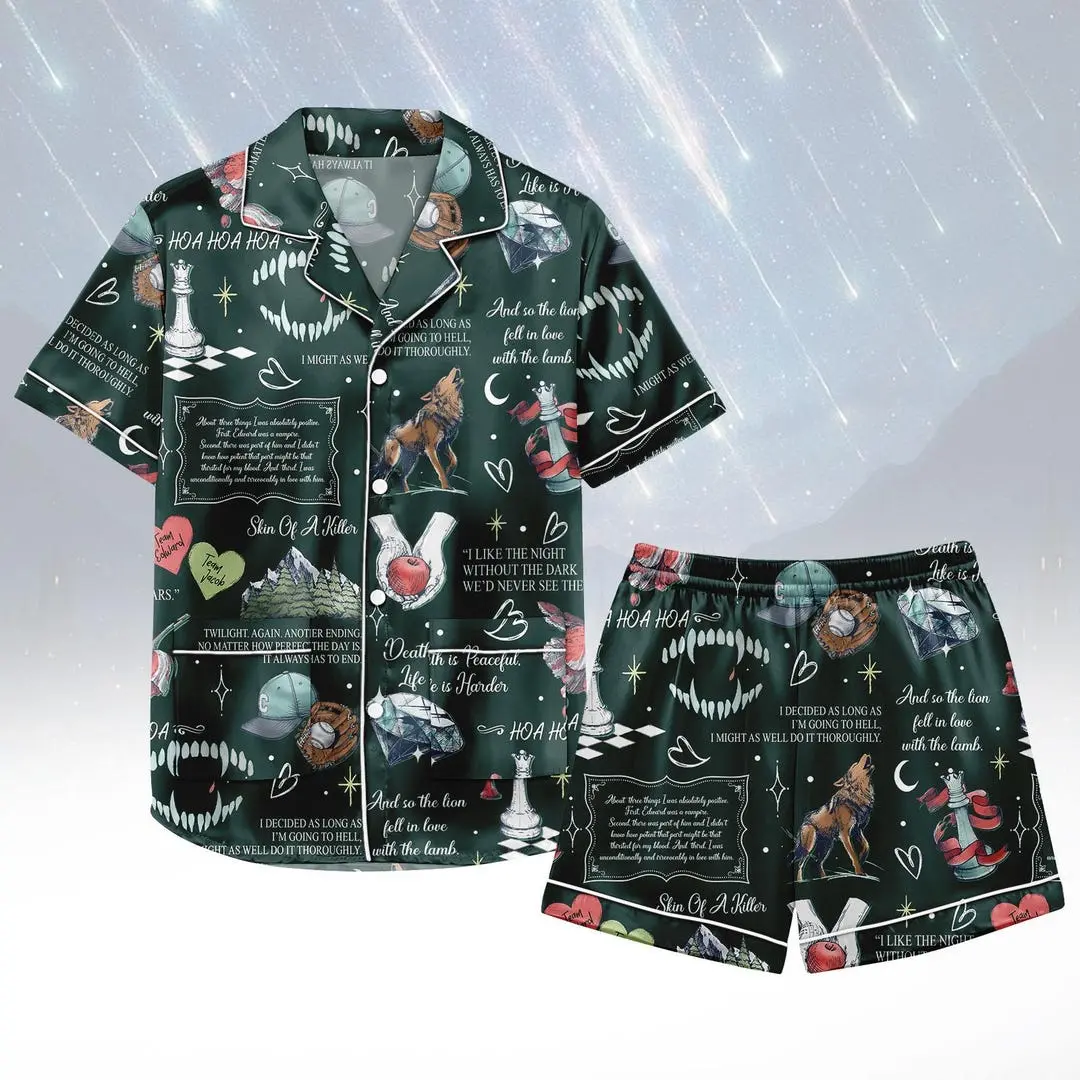 Vampire Short Satin PJs Set, TwiIight Satin Pajamas, Dark Night Short Pajama Set, Women Pyjama, Gift for Her