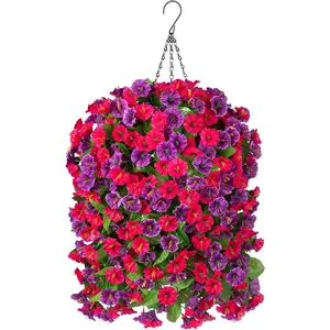 Artificial Flowers with Basket, Silk Morning Vines, Fake Green Arrangement for Summer(4pcs,Hot Pink Purple)