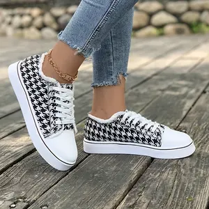 Women's Houndstooth Canvas Sneakers, Raw Trim Lace Up Low Top Flats, Casual Walking Skate Shoes
