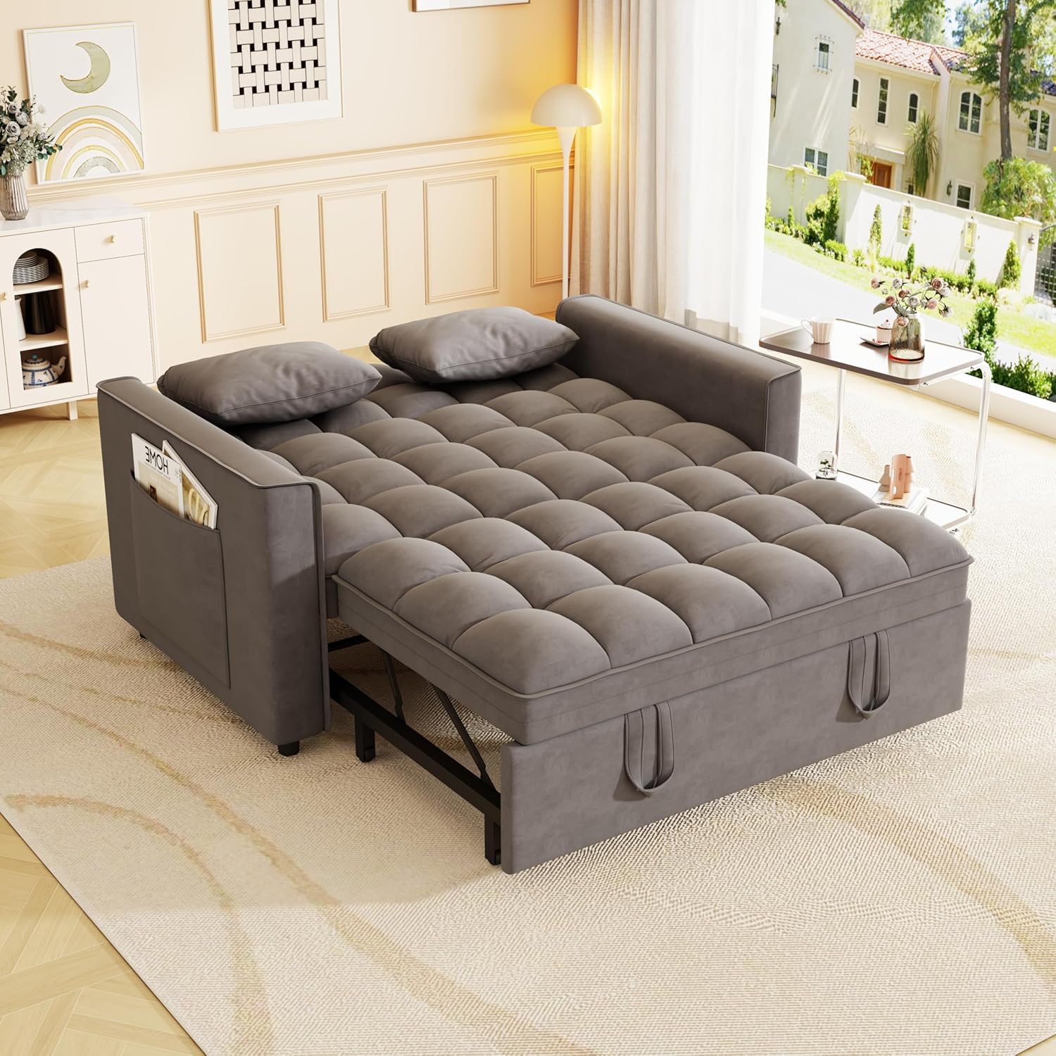 Convertible Sleeper Sofa Bed, Loveseat Sleeper Sofa with Large Side Pockets, Pull Out Sofa Bed with 3 Position Adjustable Backrest, 3 in 1 Velvet Couch Bed for Small Spaces, Apartment, Dark Gray
