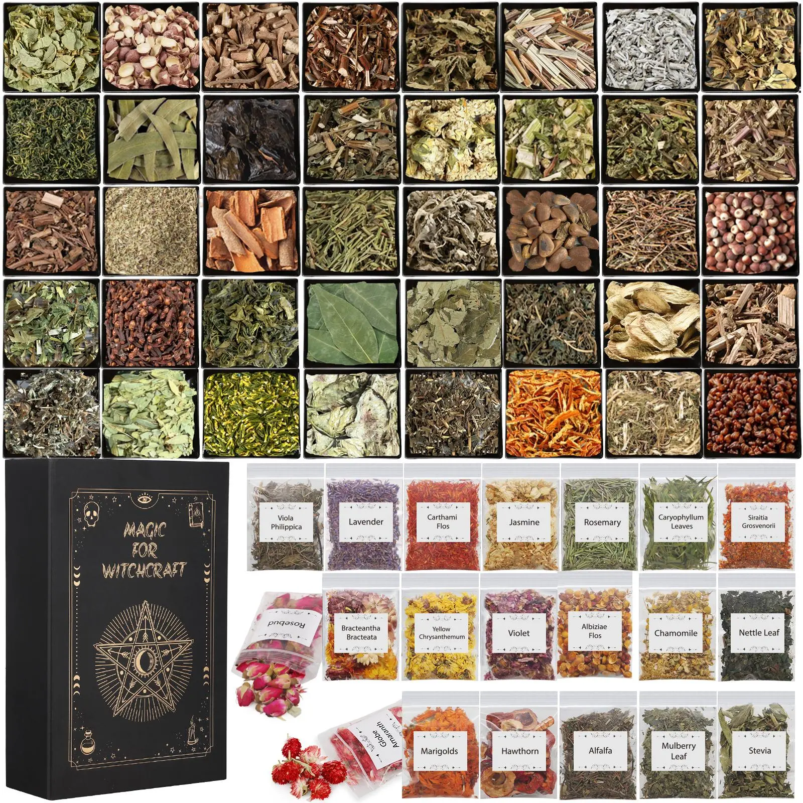 60-Piece Unisex Witchcraft Herbal Master Kit - Authentic Organic Dried Flowers, Sacred Altar Supplies in Luxury Book Box, Bulk Herb Kit for Soap Making, Candle Making, Party Favors