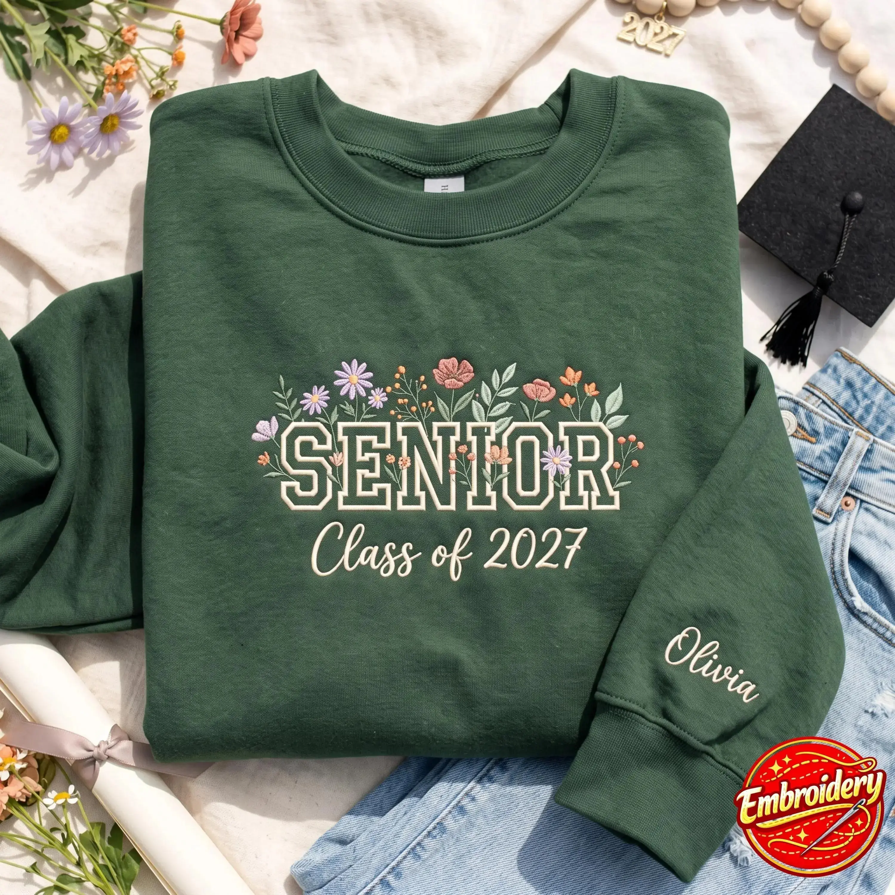 Personalized Floral Senior 2027 Embroidered Sweatshirt, Embroidered Class Of 2027 Crewneck, Custom Name Sleeve Graduation Gift