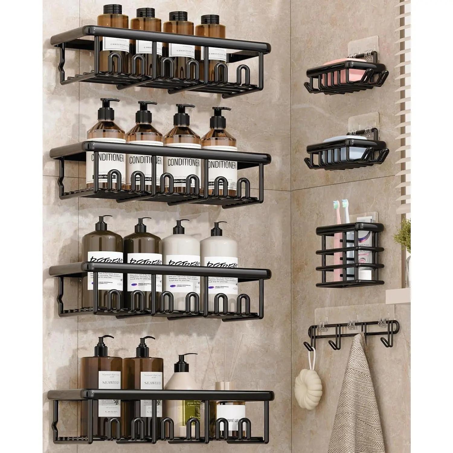 Black 8-Piece Bathroom Accessory Set - Self-Adhesive Anti-Rust No-Drill Black Shower Caddy, Shower Organizer Rack, Soap Dish, Toothbrush Holder, Self-Adhesive Hooks, Shelves for Bathroom Accessory Holding
