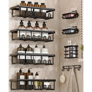 8 Pack Adhesive Rustproof No-Drilling Shower Shelf Set with Soap Dishes, Toothbrush Holder & Hooks, Large Capacity Shower Rack for Bathroom Organizer Storage Accessories, Black