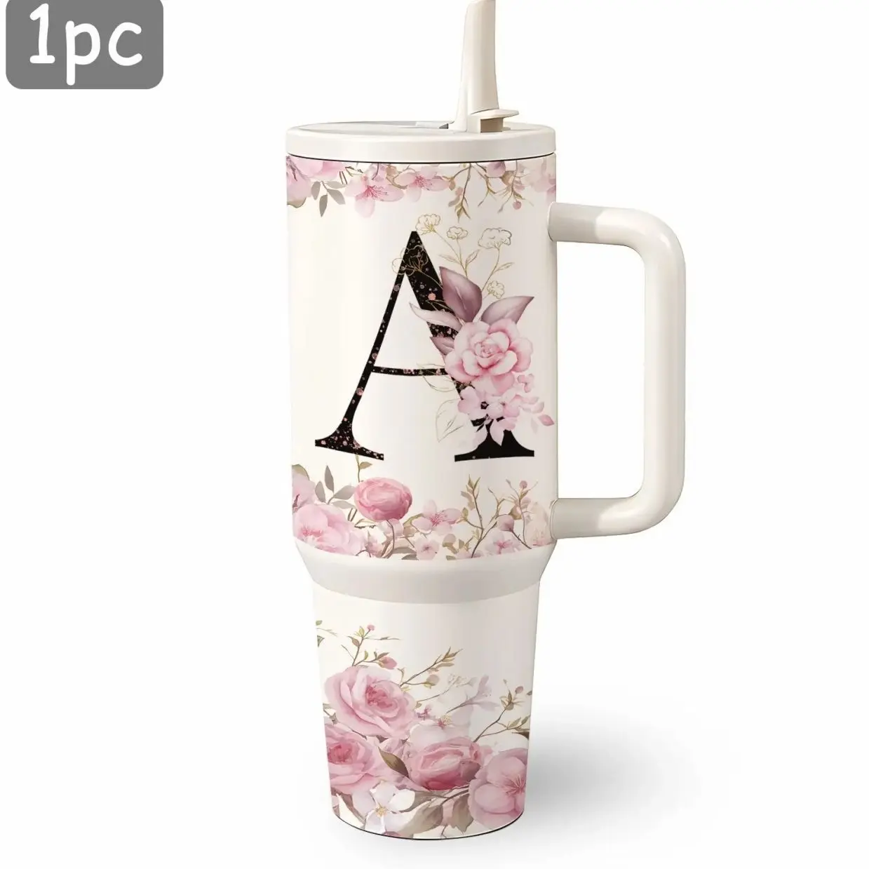 Personalized Initial Letter Stainless Steel Tumbler with Handle & Straw, A-Z Monogram Vacuum Insulated Travel Mug, Double Wall Leakproof Hot & Cold Drink Cup
