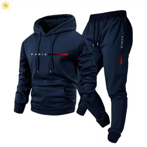 Men's Paris Letter Printed Hoodie and Drawstring Sweatpants Set, Menswear, Casual Athletic Long Sleeve Hooded Jacket & Trousers for Fall & Winter, Men's Clothing for Daily Wear, Sportswear Indoor Outdoor, Tracksuit