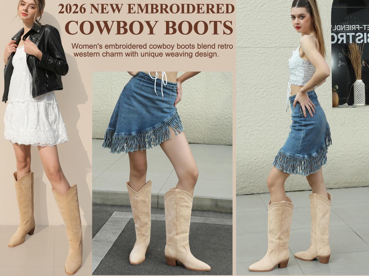Cowboy Boots for Women Embroidered Woven Knee High Cowgirl Boots Square Toe Chunky Heel Pull On Country Boots