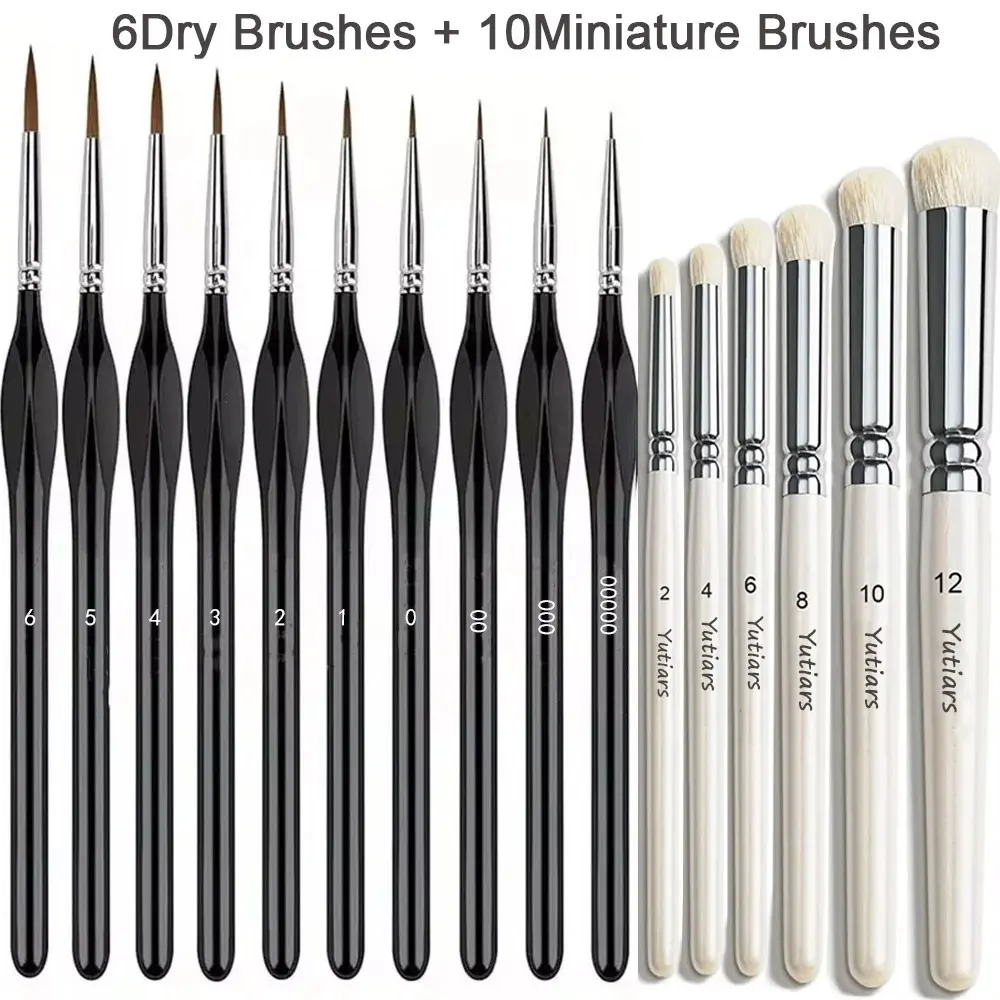 Durable 16 Pcs Miniature Fine Detail Dry Brush Set, Wood Handle Small Brushes for Acrylic & Watercolor Art Projects, Perfect for Model Crafting