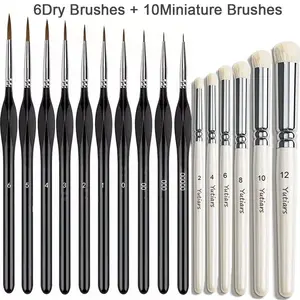 Durable 16 Pcs Miniature Fine Detail Dry Brush Set, Wood Handle Small Brushes for Acrylic & Watercolor Art Projects, Perfect for Model Crafting