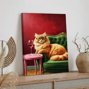 1pc Wooden Framed, Artistic Ginger Cat with Wine Glass Wall Art Print, Cocktail Art Bar Car Decor Poster, Orange Cat Wall Art Canvas Painting, Gift for Cat Lovers, Modern Home Decor, For Bathroom, Bedroom, Office, Living Room, Home Decor Ideas