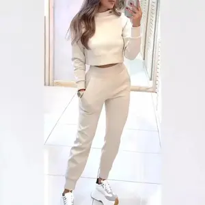 Women’s Fashion Two-Piece Set – Long-Sleeve Half Turtleneck Cropped Top + Ankle-Length Pants, Elegant Autumn Solid Color Slim Fit Suit