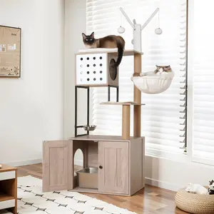 [Fahuac] 3-in-1 Cat Furniture with Litter Box Enclosure - Vertical Design, Sisal Scratching Post, Feeding Area, for Small Homes.