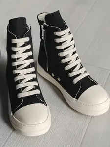 Couple Canvas High-Top Athletic Sneakers, Casual Classic Plain Design, Zipper & Laces, Thick Sole, All Seasons, Medium Width, Textile Upper Footwear