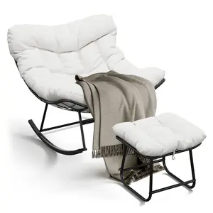 Oversized Papasan Rocking Chair with Footrest, Rattan Egg Lounge Chair with Ottoman, Sturdy Metal Frame for Balcony, Backyard, Porch & Bedroom