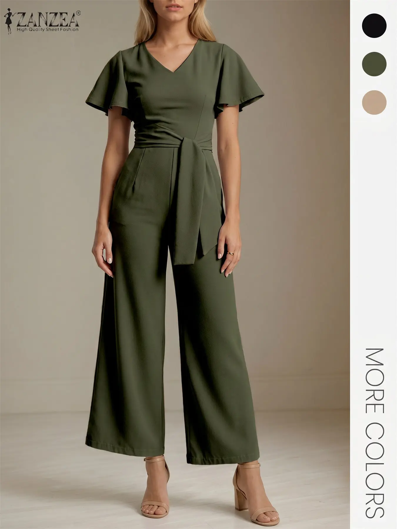 ZANZEA Women's Solid Color Belted Fitted Jumpsuit, Elegant Classy Fashion Casual Womenswear Jumpsuit for Daily Outdoor Wear, Women Jumpsuits for Summer