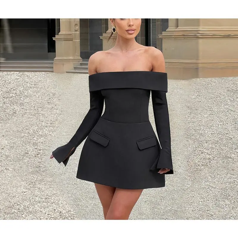 Fashionable Elegant Backless Off-Shoulder Tube Top Slim Fit Long Sleeve A-Line Dress for Women Formal Womenswear  Basic Minimalist White sundress