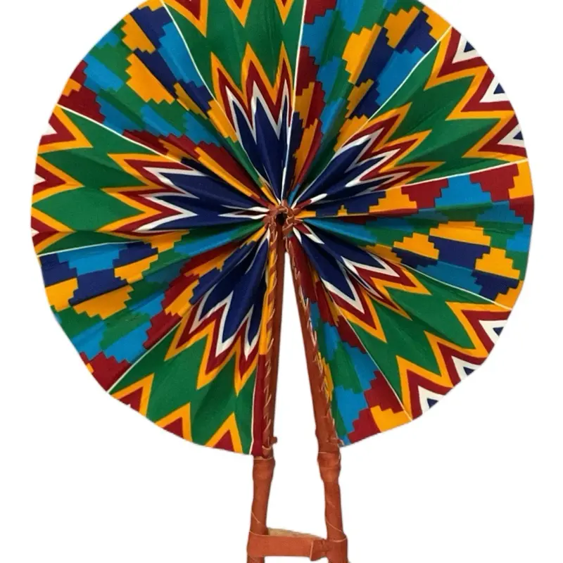 African Handmade Double-Sided Decor Cooling Hand Fan, Ankara Print Leather Handles, Ghana Kente Design, Foldable Beach Fan, Colorful Geometric Patterns