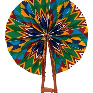 African Handmade Fan with Ankara Print Leather Handles Ghana Kente Design Foldable Beach Fan Colorful Geometric Patterns