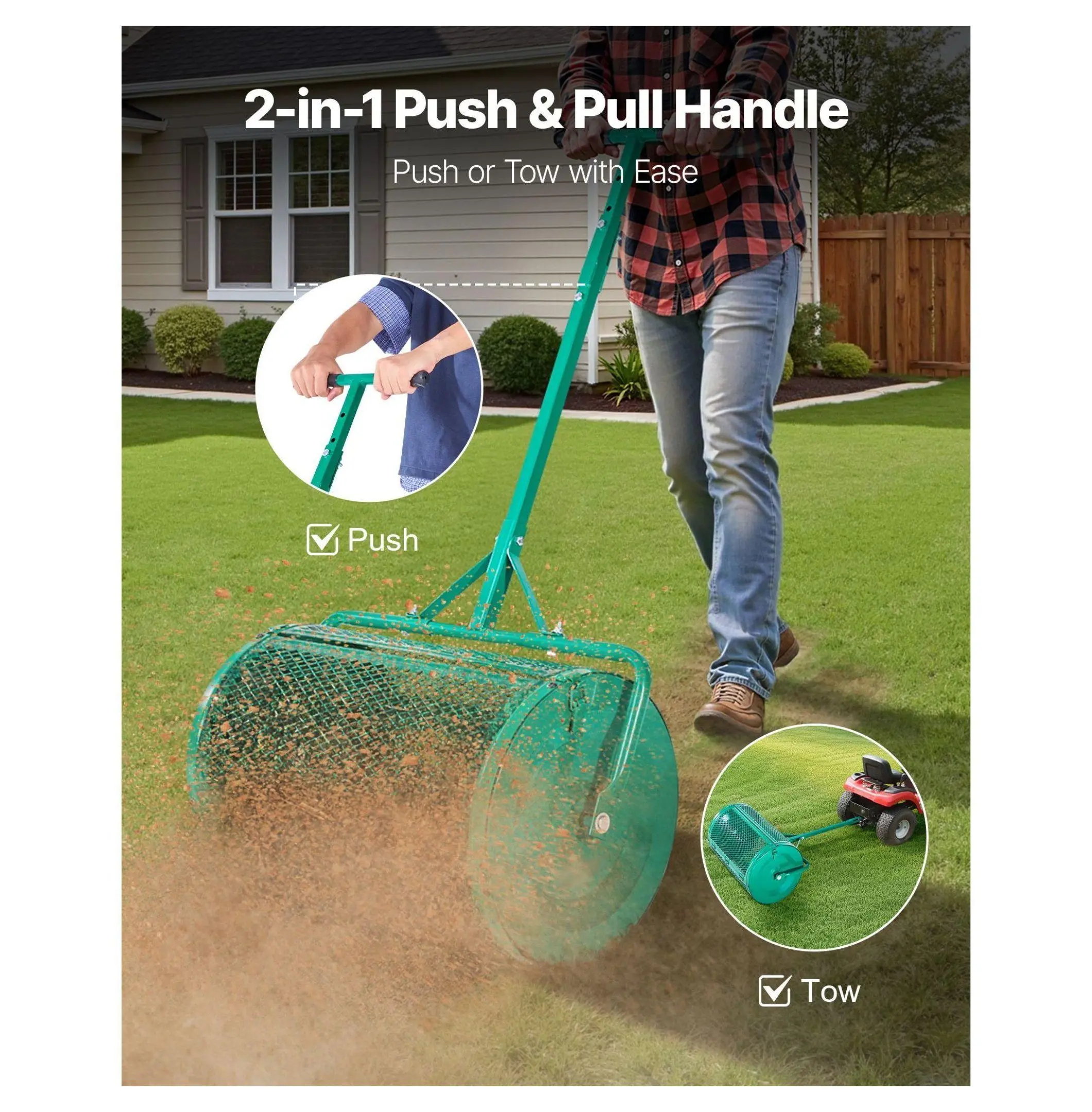 Compost Spreader 24 inch - Peat Moss Spreader with Tow Handle, Adjustable Height, Heavy Duty Steel Roller for Lawn Seed, Fertilizer, Lime - Garden Planting Default