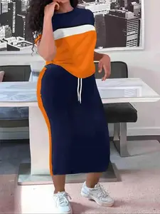 Women's Colorblock 2 Piece Set Casual Short Sleeve T Shirt and Skirt Matching Outfit for Summer Daily Fashion, Effortless Style, Classy, Everyday, Contemporary, Comfy, Modern, Holiday Wear, Wardrobe Essential
