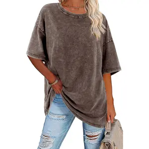 Fessceruna Womens Oversized T Shirts Vintage Cotton Tees Crewneck Short Sleeve Washed Summer Tunic Tops