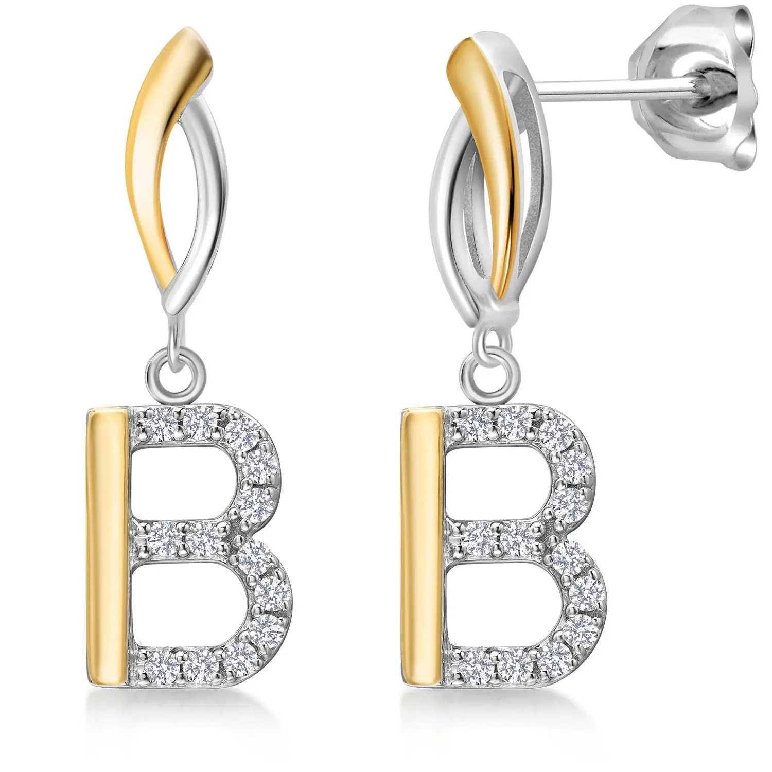 Gem Stone King Personalized Initial Stud Earrings (A-Z, Including A,X,Q) - 10K Yellow Gold/925 Sterling Silver, White Lab-Grown Diamond, Elegant 925 Silver Jewelry Gift Idea for Women, By Keren Hanan