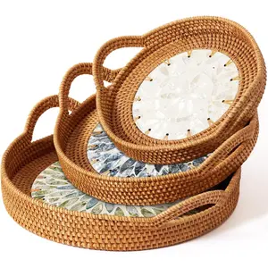 3-Size Handwoven Rattan Trays Set with Natural Shell Inlay, Boho Wicker Serving Trays with Handles for Home Decor, Holiday Entertaining (Mother's Day Gift Option), Three Sizes