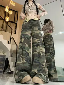 Women's Camouflage Print Flap Pocket Wide Leg Jeans, Flared Leg Design, Flared Fit, Street Fashion Casual Loose Denim Trousers for Daily Wear, Ladies Bottoms for Summer, Streetwear, Womenswear