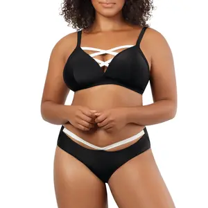 PARFAIT LAUREN BIKINI SET - S8222 WIRELESS TRIANGLE BIKINI TOP WITH STRAPPY BACK AND REMOVABLE PADDING AND S8223 WOMENS HIGH WAIST BIKINI BOTTOM CONTRAST PANEL SCULPTING SWIMWEAR - BLACK W WHITE