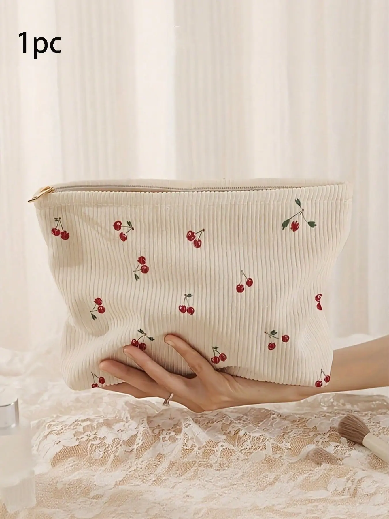 Cherry Theme Makeup Bag, Durable Polyester Zipper Pouch, Cosmetic Pouch, Travel Toiletries Storage, Lightweight Zippered Bag, Perfect Gift for Sisters Students Adults