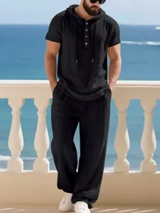 Cross-border Europe and America Autumn Tough Guy Casual Solid Color Linen Fabric Loose-fit American Minimalist Hooded Short-Sleeve Henley Shirt and Pants Set Outfit for Men