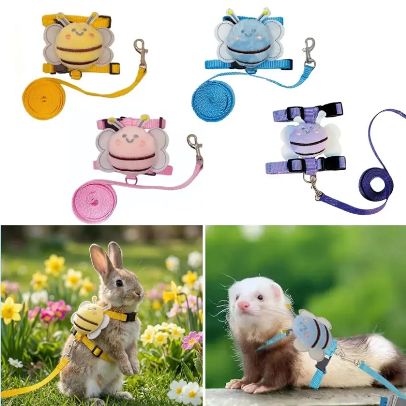 4pcs Cute Bee Small Pet Harness Leash Set, Adjustable Bunny Walking Vest, Escape Proof Plush Rabbit Harness for Guinea Pig, Ferret, Outdoor Walking Training