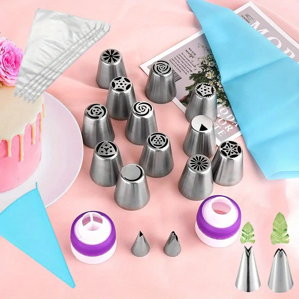 1 Set Stainless Steel Russian Piping Tips Set Flower Shaped Frosting Nozzles with Baking Bags for Pastry Cupcakes Cakes and Cookies Perfect for Halloween Christmas Decorating Desserts